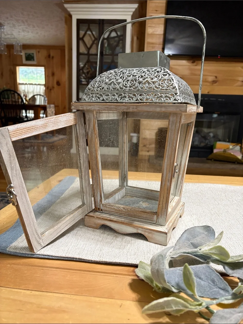 Rustic Whitewashed Wood Lantern with Silver Filigree Top